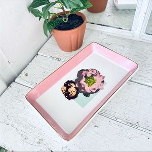 J Crew Ceramic Pink Flower Jewelry Tray Trinket Dish Pink Border Gold Tray